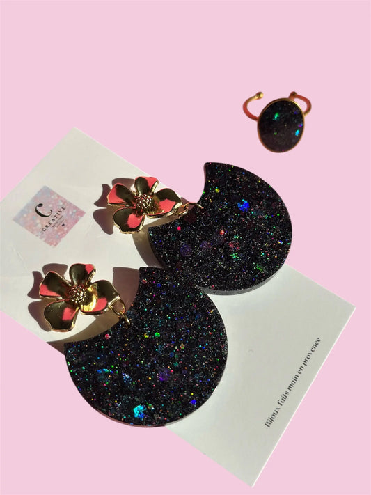 Boucles d’Oreilles Demi-Lune Fleurale Creative Paillettes