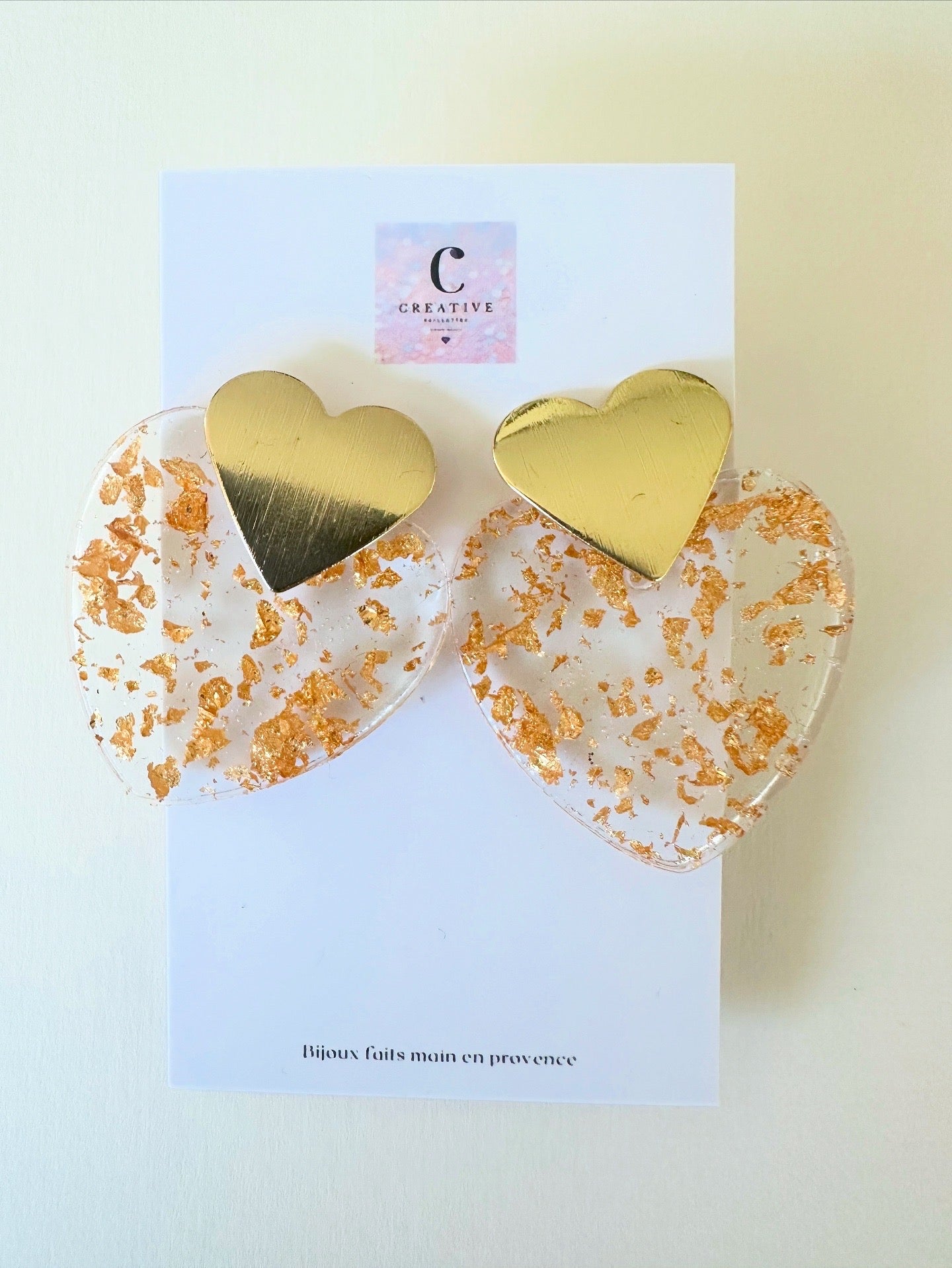 Boucles d’Oreilles double Cœur tranparence dorée Creative Paillettes