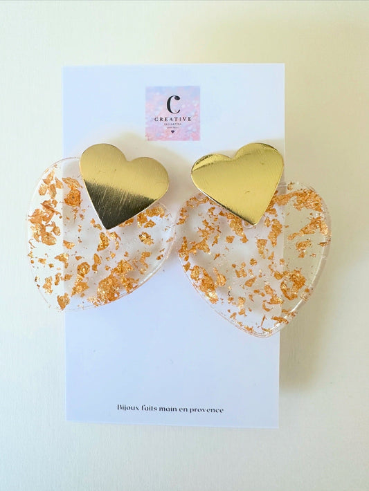 Boucles d’Oreilles double Cœur tranparence dorée Creative Paillettes