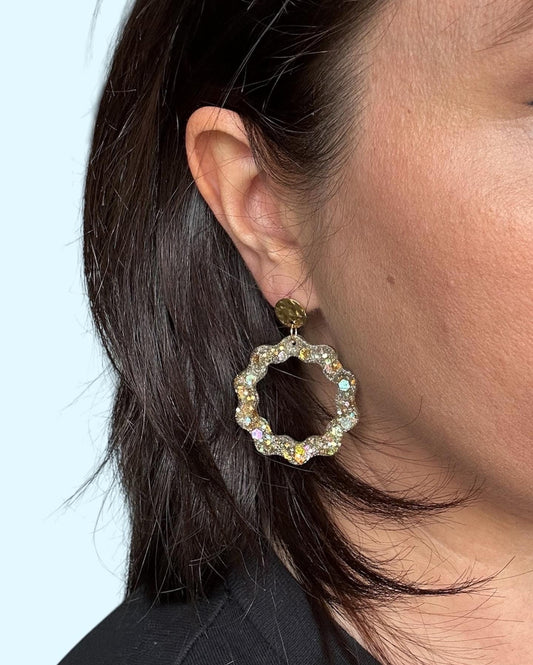 Boucles d’oreilles pendantes ronde  à paillettes doré et argenté
