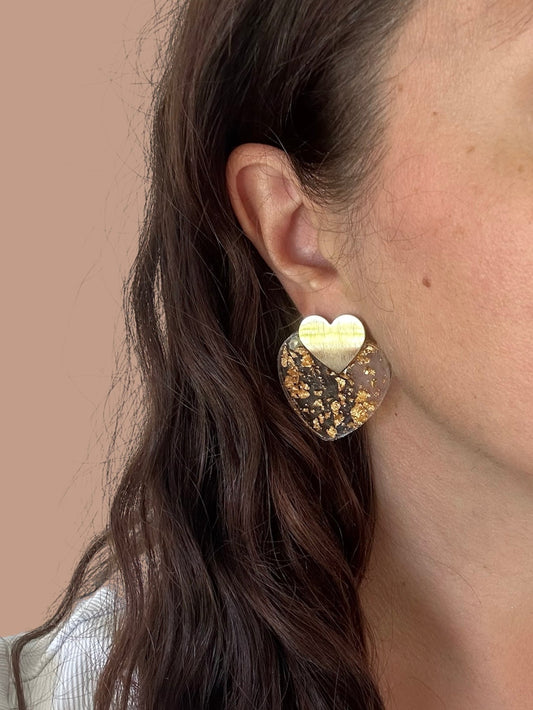 Boucles d’Oreilles double Cœur tranparence dorée Creative Paillettes