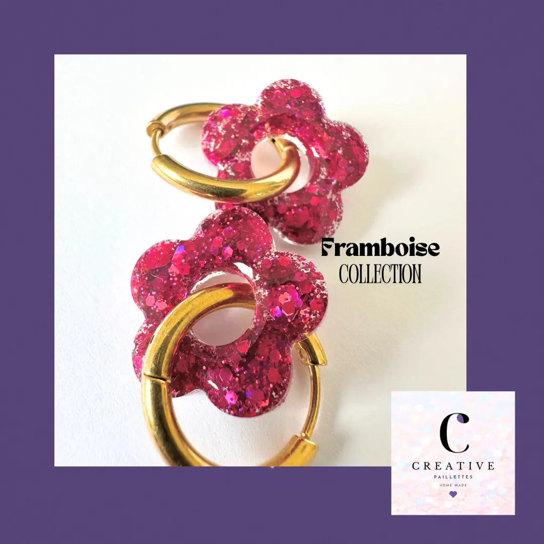 Boucles d’oreilles Fleur créole Framboise Creative Paillettes
